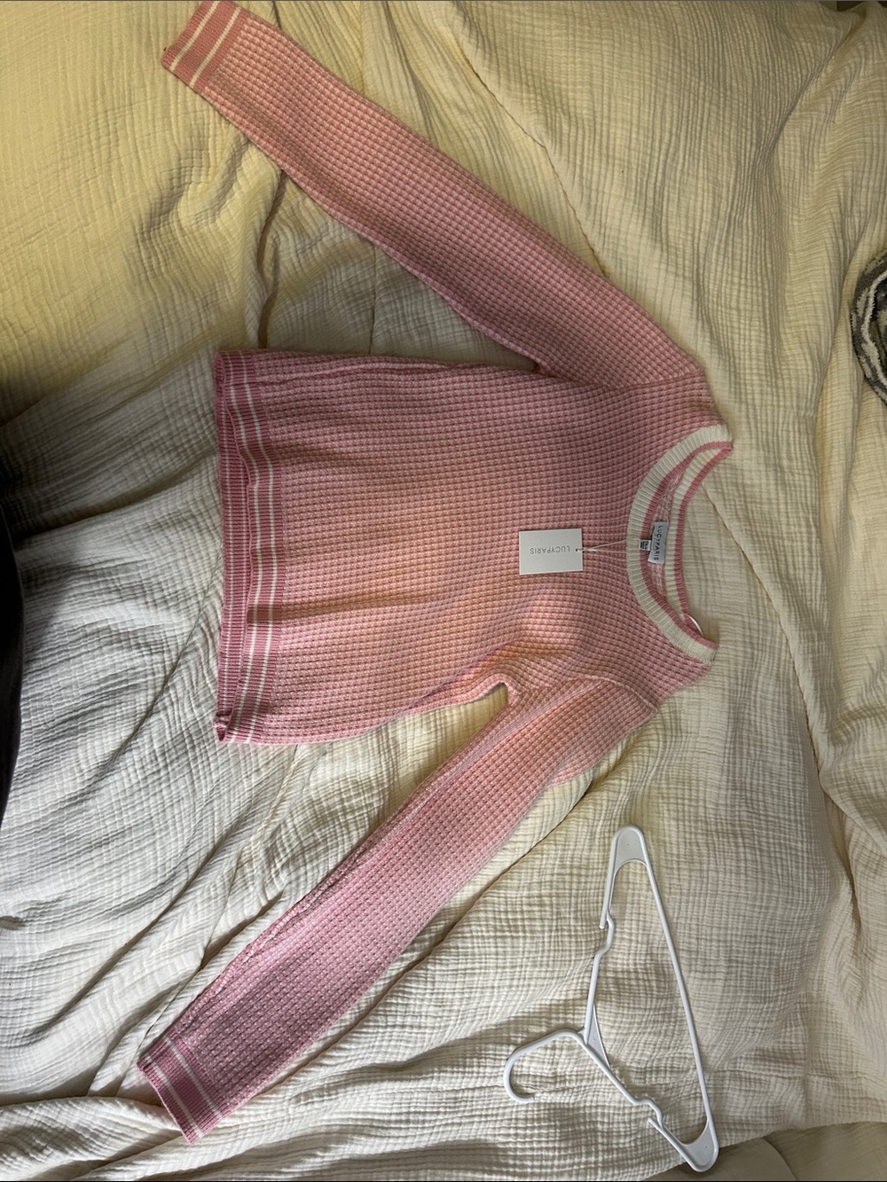 Lucy Paris Pink Waffle-Knit Crewneck Sweater with Cream Trim